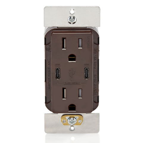60W (6A) USB Dual Type-C/C Power Delivery In-Wall Charger with 15A Tamper-Resistant Outlet, USB Charger for Smartphones, Tablets, Laptops, T5636-B, Brown