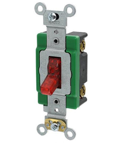 30-Amp, 120-Volt, Toggle Pilot Light, Illuminated ON, Req. Neutral Single-Pole AC Quiet Switch, Extra Heavy Duty Spec Grade, Self Grounding, Back & Side Wired, Red, 3031-PLR - Leviton