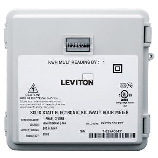 Mini Meter in Small NEMA 4X Enclosures, 120/240V, 2PH, 3W, 200:0.1A, 1 kWh Resolution, Mechanical Counters, 6S201-B02 - Leviton