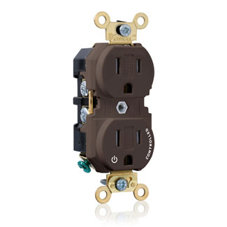 Duplex Receptacle Outlet, Extra Heavy-Duty Industrial Specification Grade, Split-Circuit, One Outlet Marked "Controlled", Tamper-Resistant, Smooth Face, 15 Amp, 125 Volt, Back or Side Wire, NEMA 5-15R, 2-Pole, 3-Wire, Self-Grounding - Brown, 5262-1P