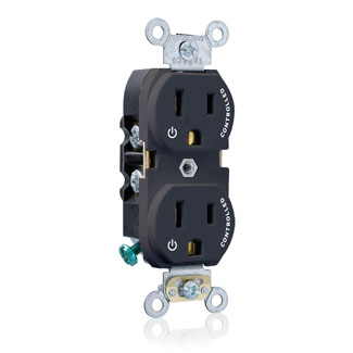 Duplex Receptacle Outlet, Heavy-Duty Industrial Specification Grade, Two Outlets Marked "Controlled", Smooth Face, 15 Amp, 125 Volt, Back or Side Wire, NEMA 5-15R, 2-Pole, 3-Wire, Self-Grounding - Black, 5262-S2E