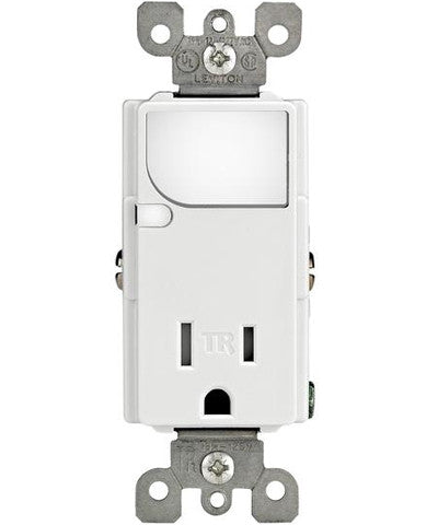 Combination Decora Tamper Resistant Receptacle with LED Guide Light, 15A-125VAC, Single Pole, Neutral Required, White, T6525-W - Leviton
