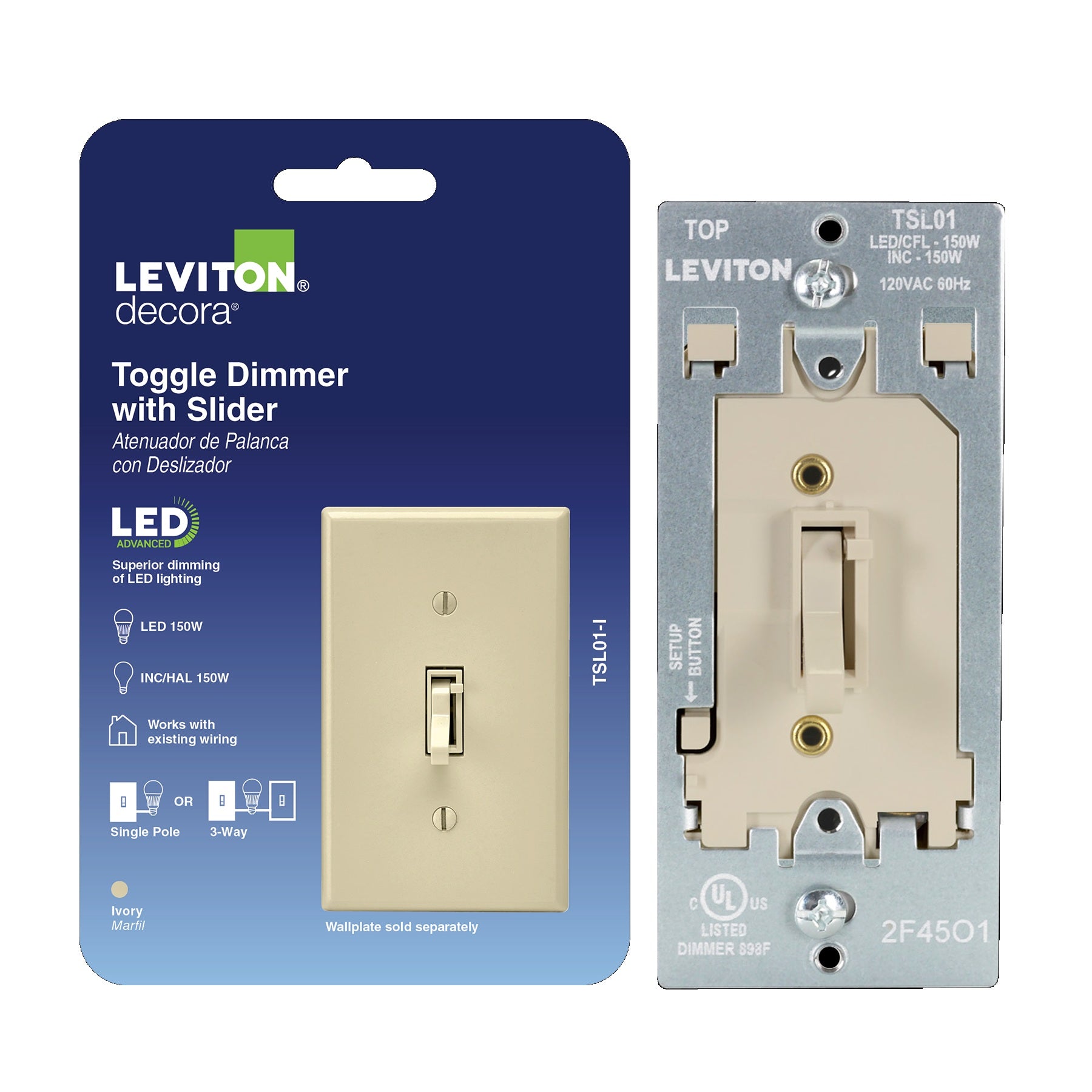 Toggle Slide LED Advanced Dimmer Switch for 150W Dimmable LED, Halogen ...