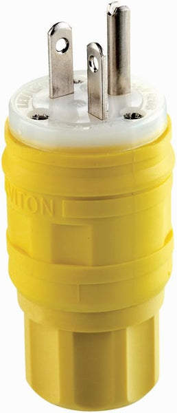 20 Amp, 250 Volt, Straight Blade, Plug, Industrial Grade, Grounding,  Wetguard, Yellow, 14W48