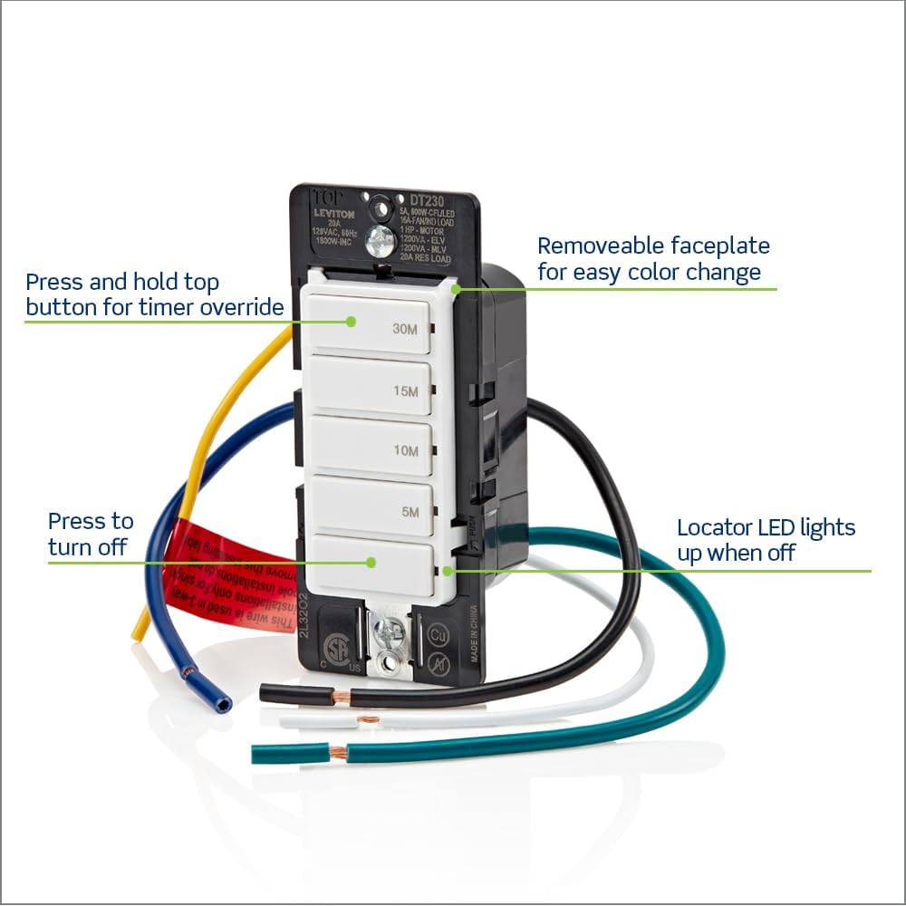 Decora In-Wall 30-Minute Countdown Timer Switch, 20A, 1 HP/16A Fan/Motor, Single Pole/Multi-Way/Multi-Timer, DT230-1LW