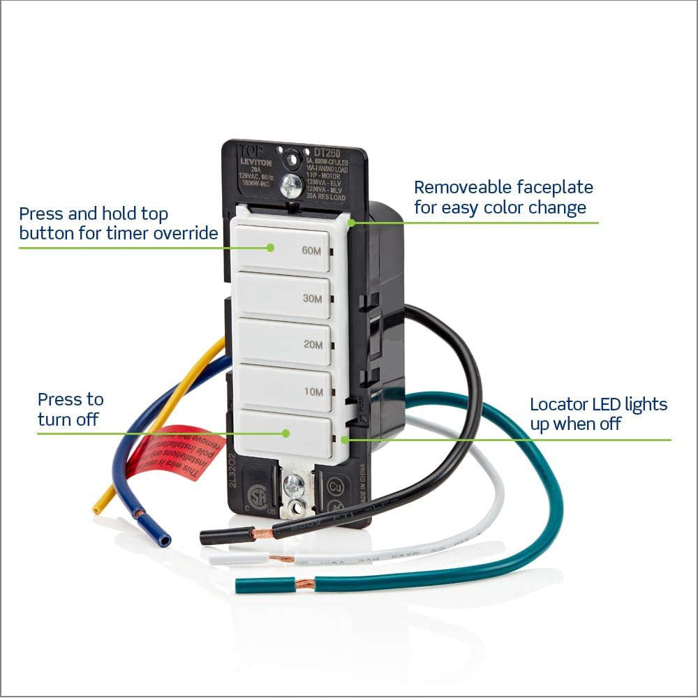 Countdown Timer Switch for bathroom household lights, 10-20-30-60 min, No Neutral Required, Single Pole, 15A, 1/2 HP/9.8A Fan/Motor, White, 20-Amp, DT260-1LW