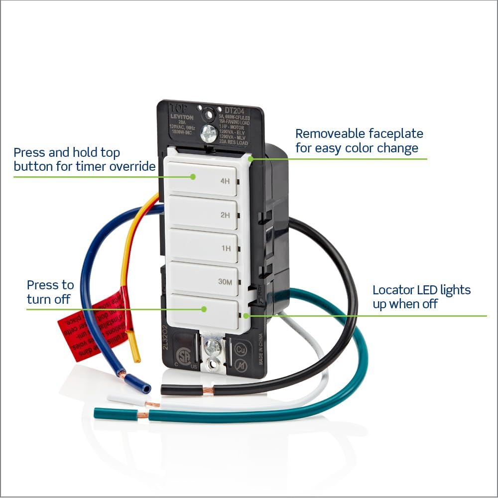 Decora In-Wall 4-Hour Countdown Timer Switch, 20A, 1 HP/16A Fan/Motor, Single Pole/Multi-Way/Multi-Timer, DT204-1LW