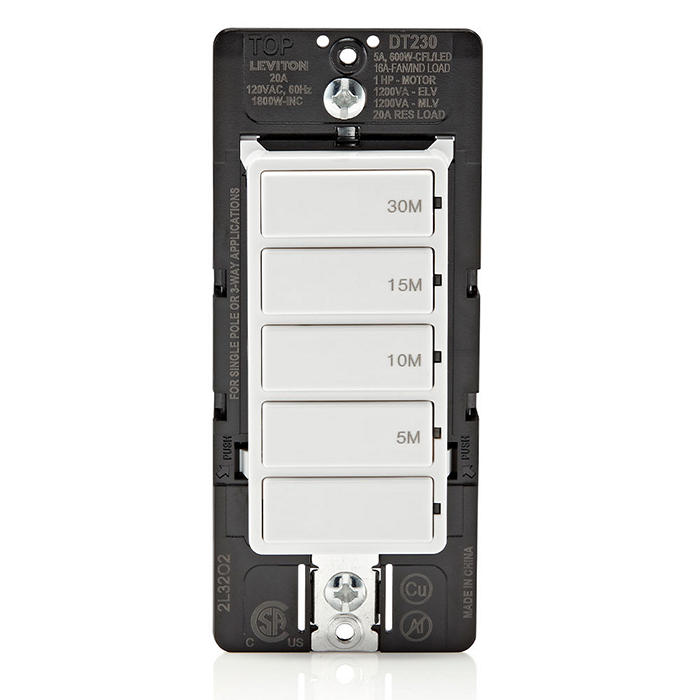 Decora In-Wall 30-Minute Countdown Timer Switch, 20A, 1 HP/16A Fan/Motor, Single Pole/Multi-Way/Multi-Timer, DT230-1LW