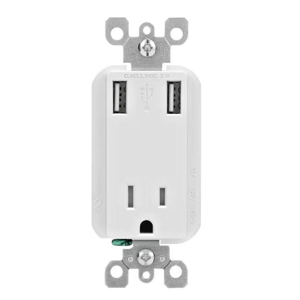 Combination Decora Tamper Resistant Receptacle and USB Charger, 15A Receptacle, 3.6A USB, White, T5631-W