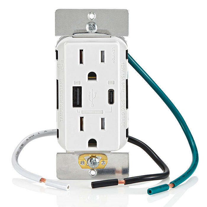 60W (20V@2.5A+ 5V@2A) USB Dual Type A/Type-C Power Delivery Wall Outlet Charger with 15A Tamper-Resistant Outlet, T5634