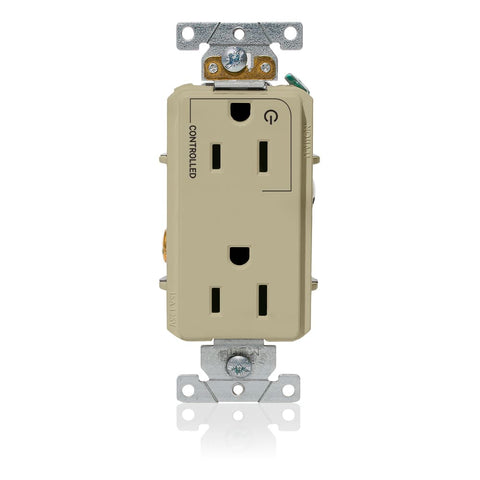 Decora Plus Duplex Receptacle Outlet, Heavy-Duty Industrial Specification Grade, Split-Circuit, One Outlet Marked "Controlled", Smooth Face, 15 Amp, 125 Volt, Back or Side Wire, NEMA 5-15R, 2-Pole, 3-Wire, Self-Grounding - Ivory, 16252-1PI