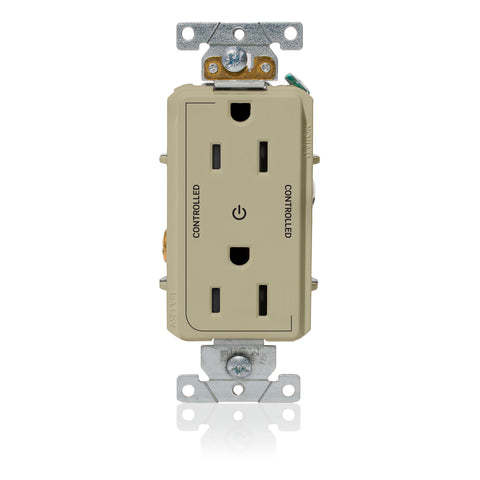 Decora Plus Duplex Receptacle Outlet, Heavy-Duty Industrial Specification Grade, Two Outlets Marked "Controlled", Smooth Face, 15 Amp, 125 Volt, Back or Side Wire, NEMA 5-15R, 2-Pole, 3-Wire, Self-Grounding - Ivory, 16252-2PI