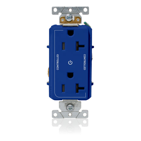 Decora Plus Duplex Receptacle Outlet, Heavy-Duty Industrial Specification Grade, Two Outlets Marked "Controlled", Smooth Face, 20 Amp, 125 Volt, Back or Side Wire, NEMA 5-20R, 2-Pole, 3-Wire, Self-Grounding - Blue, 16352-2PB