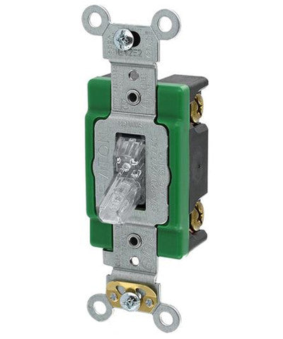 30-Amp, 120-Volt, Toggle Pilot Light, Illuminated ON, Req. Neutral Single-Pole AC Quiet Switch, Extra Heavy Duty Spec Grade, Self Grounding, Back & Side Wired, Clear, 3031-PLC - Leviton