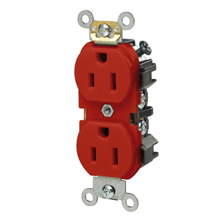 Duplex Receptacle Outlet, Heavy-Duty Industrial Specification Grade, Smooth Face, 15 Amp, 125 Volt, Side Wire,NEMA 5-15R, 2-Pole, 3-Wire, Self-Grounding - Red, 5242-R