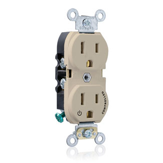 Duplex Receptacle Outlet, Heavy-Duty Industrial Specification Grade, Split-Circuit, One Outlet Marked "Controlled", Smooth Face, 15 Amp, 125 Volt, Back or Side Wire, NEMA 5-15R, 2-Pole, 3-Wire, Self-Grounding - Ivory, 5262-S1I