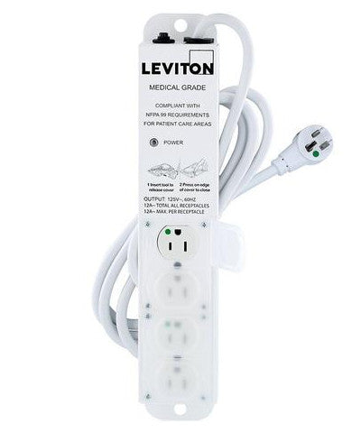Medical Grade Power Strip, 15 Amps, 125 Volt, 4 Outlets, 7 Ft. Cord Length, 5304M-1N7 - Leviton