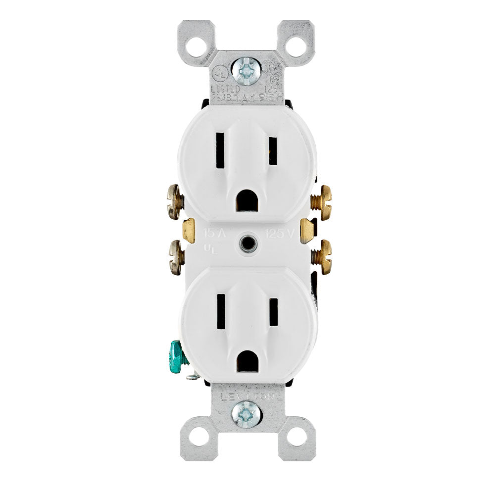 15 Amp, 125 Volt, NEMA 5-15R, 2P, 3W, With Ears Duplex Receptacle, Straight Blade, Residential Grade, Grounding, All Screws Backed Out Contractor Pack, Quickwire Push-In & Side Wired, Steel Strap, White, 5320-WCP