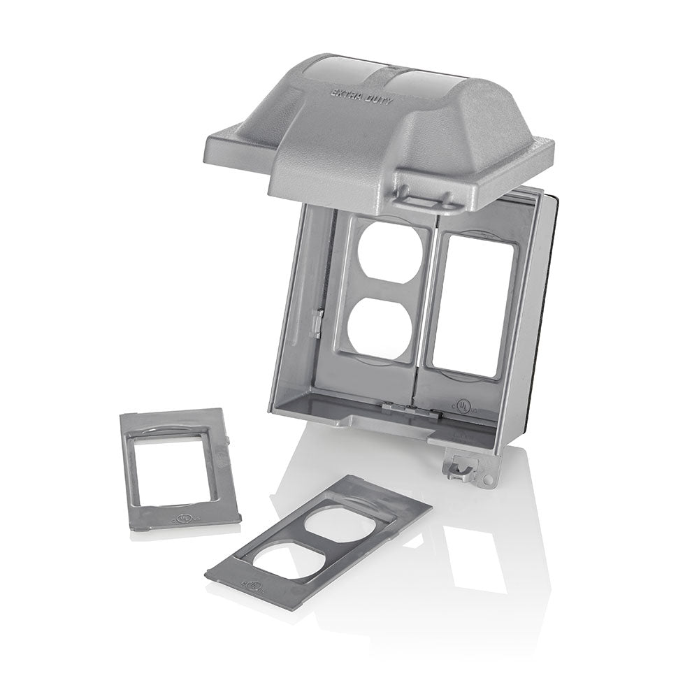 Leviton Weatherproof Box, Extra Duty 2-Gang While-In-Use Cover Includes Inserts for Single, Duplex and Decora/GFCI Receptacles, Vertical Mount, Metallic Enclosure, IUM2V-GY Outdoor Outlet Cover, Gray Leviton Weatherproof Box, Extra Duty 2-Gang While-In-Use Cover Includes Inserts for Single, Duplex and Decora/GFCI Receptacles, Vertical Mount, Metallic Enclosure, IUM2V-GY Outdoor Outlet Cover, Gray