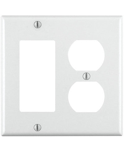 2-Gang, 1-Duplex 1-Decora/GFCI Device, Combination Wall Plate, Standard Size, Thermoset, Device Mount, White, 80455-W - Leviton