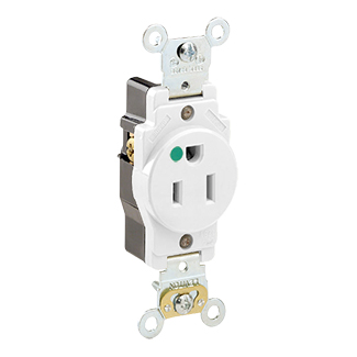 Single Receptacle Outlet, Heavy-Duty Hospital Grade, Smooth Face, 15 Amp, 125 Volt, Back or Side Wire, NEMA 5-15R, 2-Pole, 3-Wire, Self-Grounding, White, 8210-W