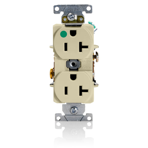 Duplex Receptacle Outlet, Heavy-Duty Hospital Grade, Smooth Face, 20 Amp, 125 Volt, Back and Side Wire, NEMA 5-20R, 2-Pole, 3-Wire, Self-Grounding - Ivory, 8300-HI