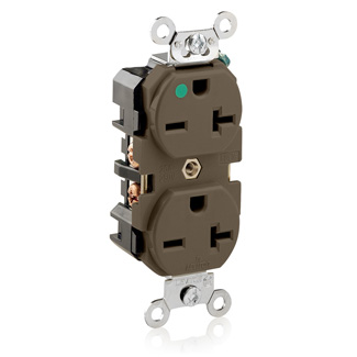 Duplex Receptacle Outlet, Extra Heavy-Duty Hospital Grade, Smooth Face, 20 Amp, 250 Volt, Back or Side Wire, NEMA 6-20R, 2-Pole, 3-Wire, Self-Grounding - Brown, 8400