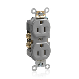 Duplex Receptacle Outlet, Commercial Specification Grade, Indented Face, 15 Amp, 125 Volt, Back or Side Wire, NEMA 5-15R, 2-Pole, 3-Wire, Self-Grounding - Gray, BR15-GY