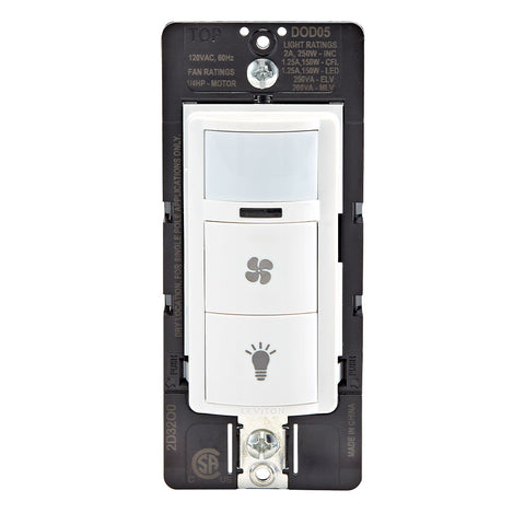 Decora In-Wall Combination Occupancy Sensor with Fan Switch, 1/4 HP, Residential Grade, Single Pole/Single Pole, DOD05-1LW