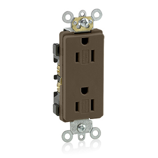 15 Amp, 125 Volt, NEMA 5-15R, 2P, 3W, Decora Plus Duplex Receptacle, Straight Blade, Commercial Grade, Self Grounding, Tamper-Resistant, Side Wired, Steel Strap - BROWN, DR15S-G