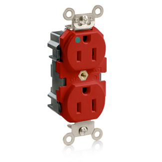 Lev-Lok Duplex Receptacle Outlet, Extra Heavy-Duty Hospital Grade, Smooth Face, 15 Amp, 125 Volt, Modular, NEMA 5-15R, 2-Pole, 3-Wire, Self-Grounding - Red, M8200-R