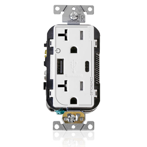 Dual Marked “Controlled” Tamper-Resistant USB Receptacle, Type A/C, 20 Amp 125 Volt, White, T5833-2W