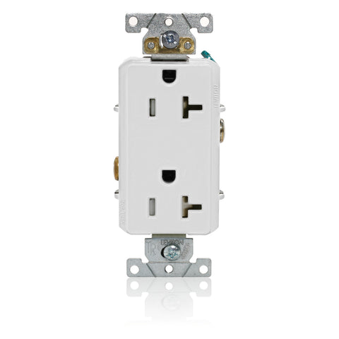 Decora Plus Duplex Receptacle Outlet, Heavy-Duty Industrial Specification Grade, Tamper-Resistant, Smooth Face, 20 Amp, 125 Volt, Back or Side Wire, NEMA 5-20R, 2-Pole, 3-Wire, Self-Grounding - White, TDR20-012-00W