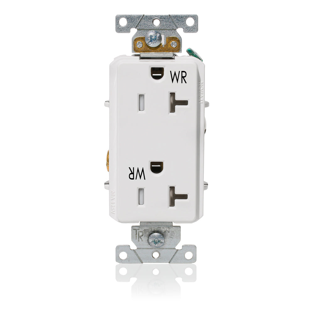 Decora Plus Duplex Receptacle Outlet, Heavy-Duty Industrial Specification Grade, Weather and Tamper-Resistant, Smooth Face, 20 Amp, 125 Volt, Back or Side Wire, NEMA 5-20R, 2-Pole, 3-Wire, Self-Grounding, WTD20