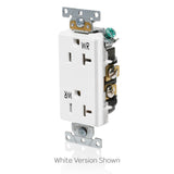 Decora Plus Duplex Receptacle Outlet, Heavy-Duty Industrial Specification Grade, Weather and Tamper-Resistant, Smooth Face, 20 Amp, 125 Volt, Back or Side Wire, NEMA 5-20R, 2-Pole, 3-Wire, Self-Grounding, WTD20